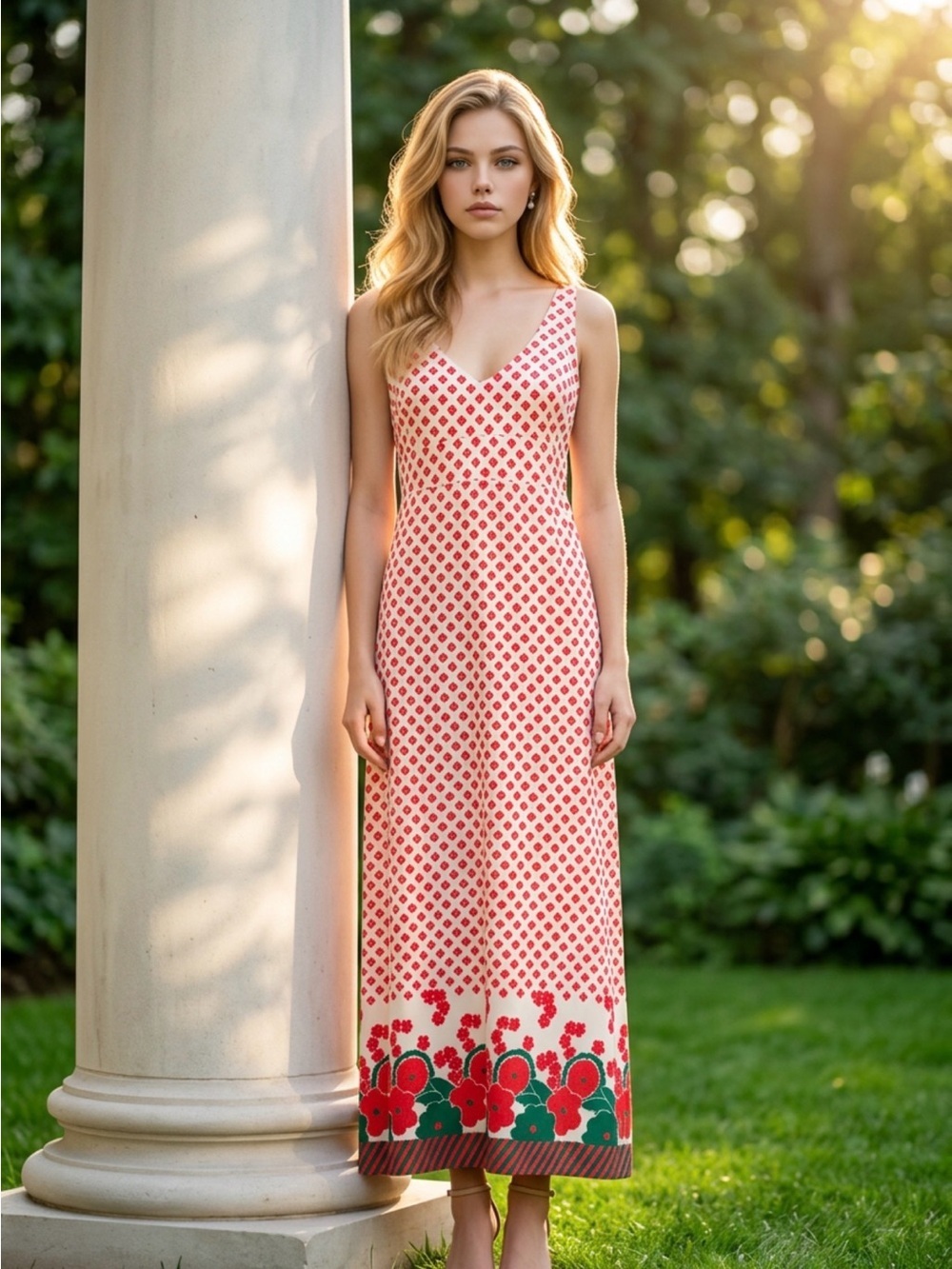 Sleeveless V-Neck Maxi Dress in Red and White with Floral Border